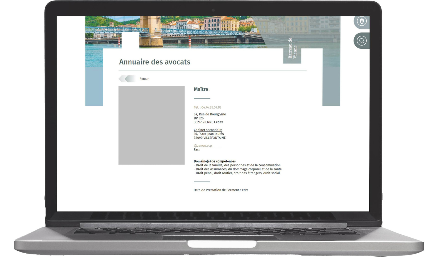 Mock up d'une fiche annuaire du site ordre des avocats 