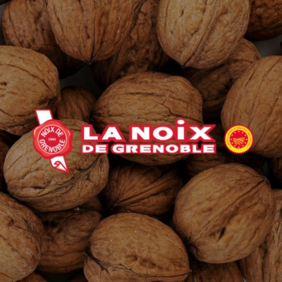 Visuel de noix en fond avec le logo de la noix de Grenoble par dessus