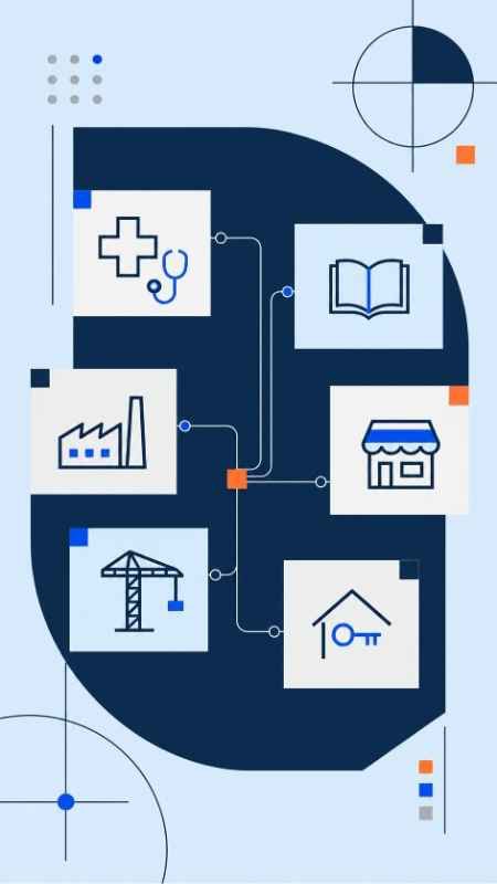 Illustration de domaines d'activité (santé, éducation, immobilier, commerce, BTP) via des emoticones
