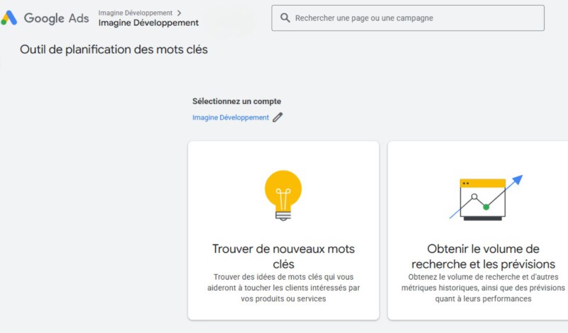 Capture d'écran de l'interface Google Ads pour la planification de mots-clés